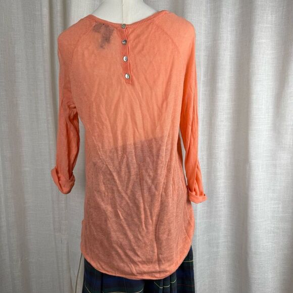 Sheer Peach Linen Blend Sweater w/ Back Buttons Chic Layering - Picture 10 of 16